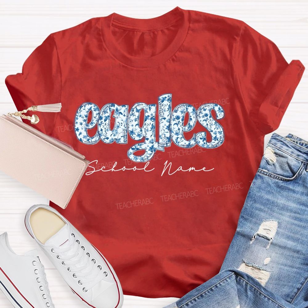 Personalized Mascot And School Name Blue Floral Teacher T-Shirt