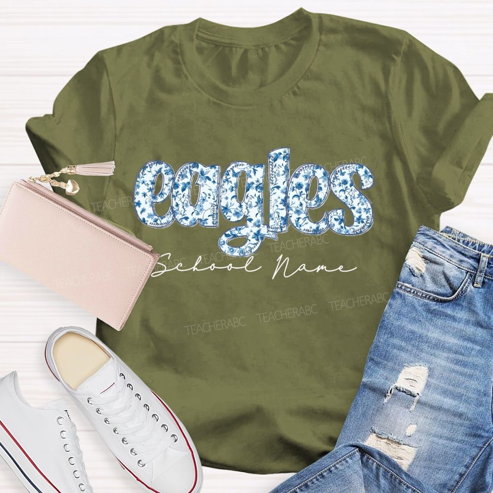 Personalized Mascot And School Name Blue Floral Teacher T-Shirt