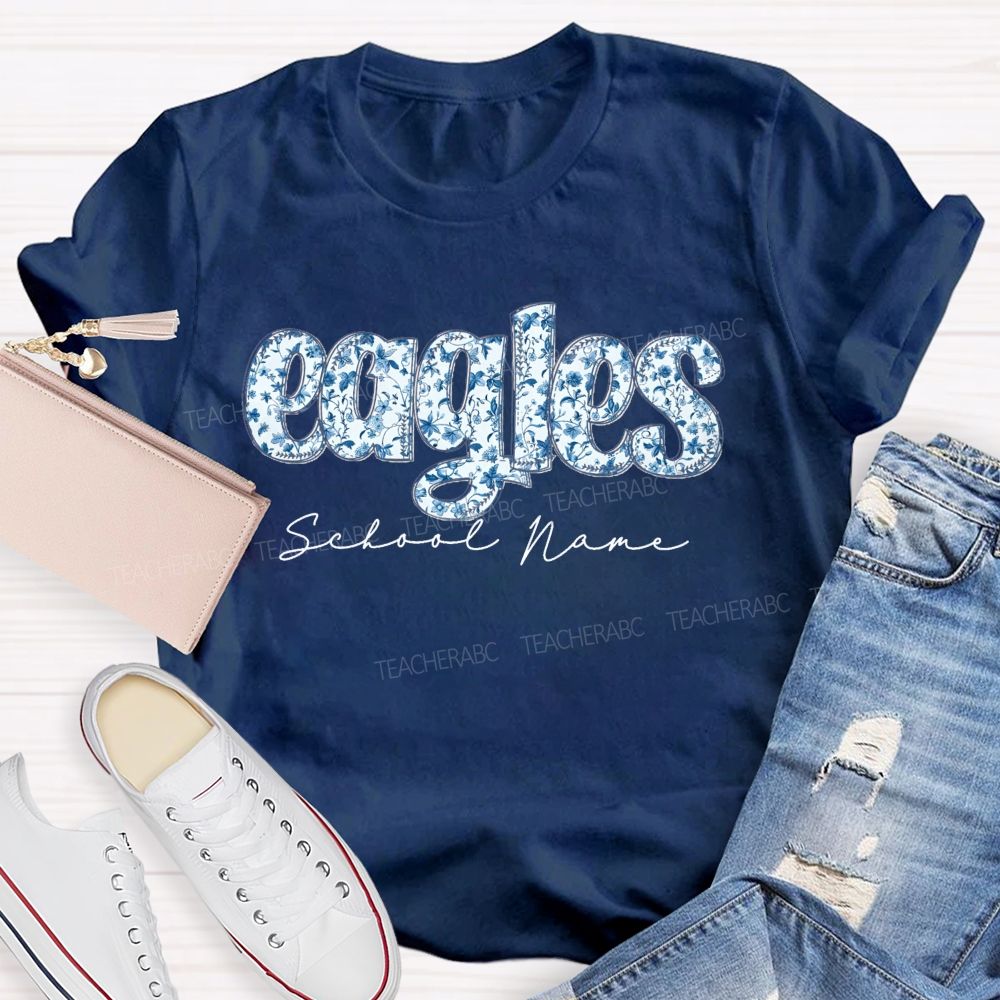 Personalized Mascot And School Name Blue Floral Teacher T-Shirt
