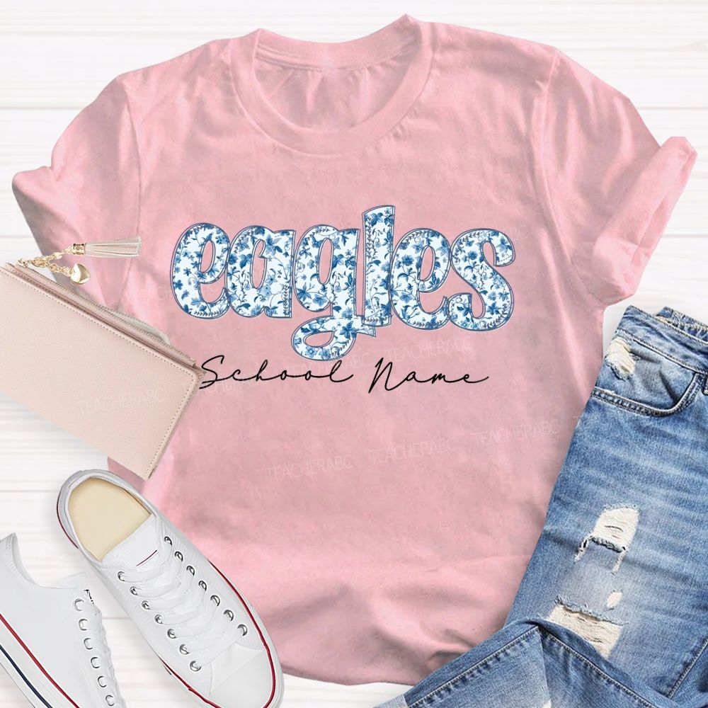 Personalized Mascot And School Name Blue Floral Teacher T-Shirt