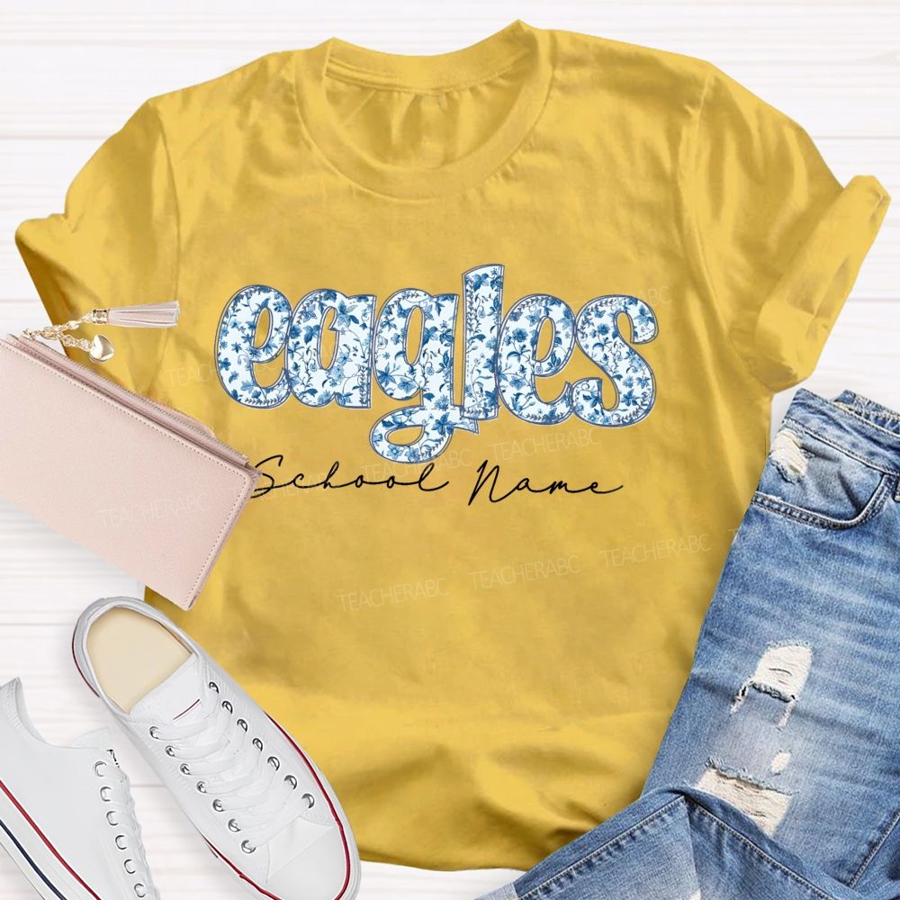 Personalized Mascot And School Name Blue Floral Teacher T-Shirt