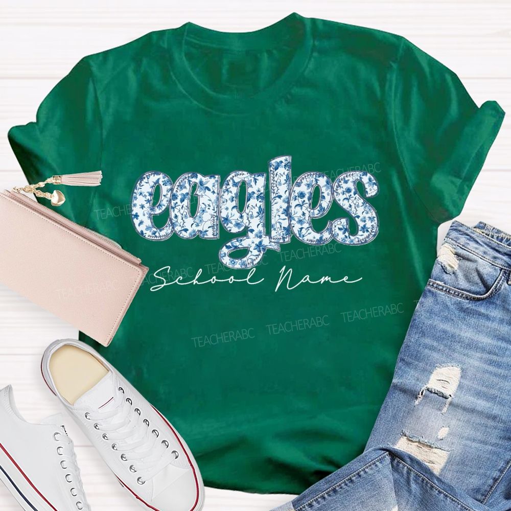 Personalized Mascot And School Name Blue Floral Teacher T-Shirt