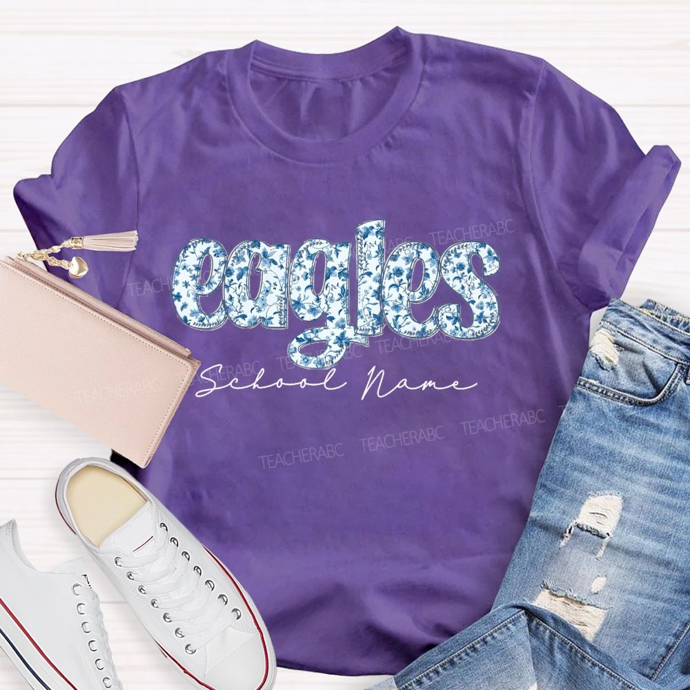Personalized Mascot And School Name Blue Floral Teacher T-Shirt