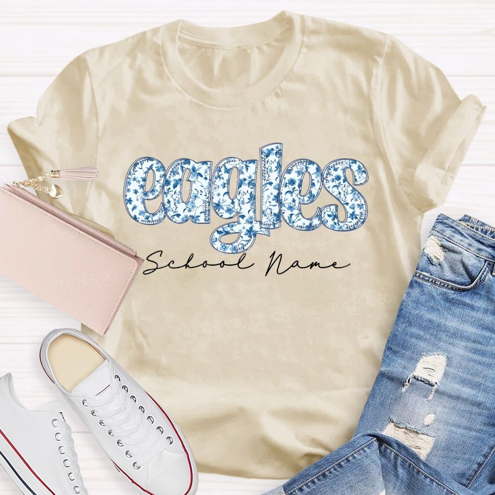 Personalized Mascot And School Name Blue Floral Teacher T-Shirt