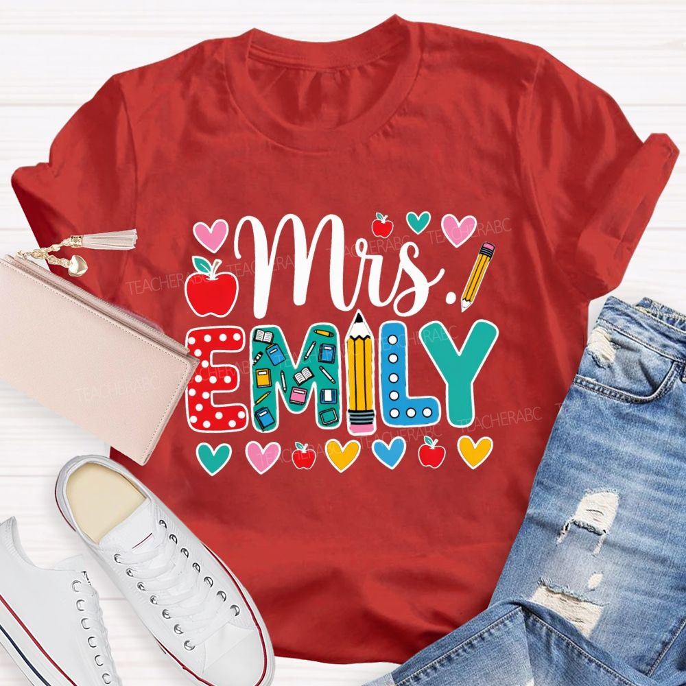 Personalized Name Miss Emily Apple Heart Printed Back To School Teacher T-Shirt