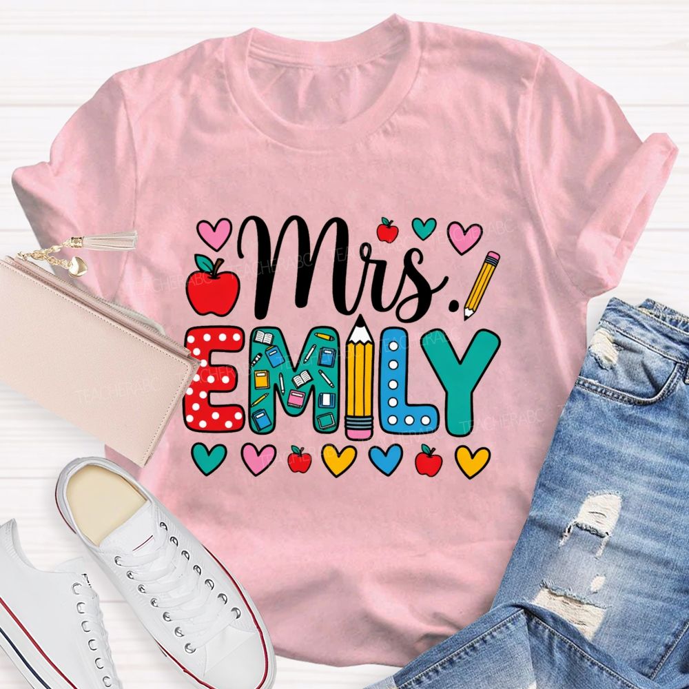 Personalized Name Miss Emily Apple Heart Printed Back To School Teacher T-Shirt