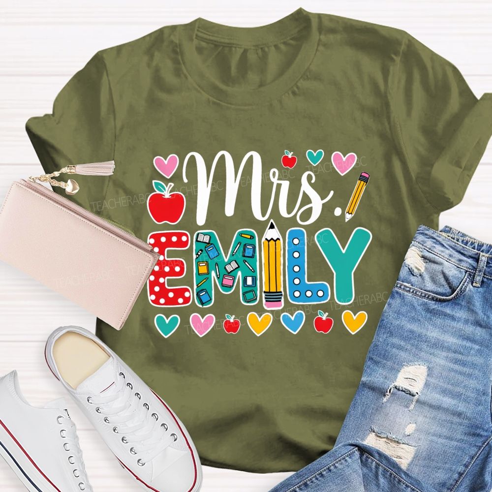Personalized Name Miss Emily Apple Heart Printed Back To School Teacher T-Shirt