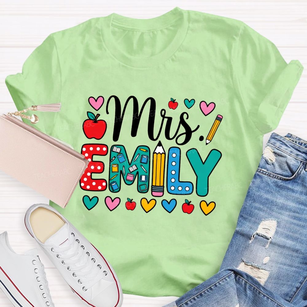 Personalized Name Miss Emily Apple Heart Printed Back To School Teacher T-Shirt