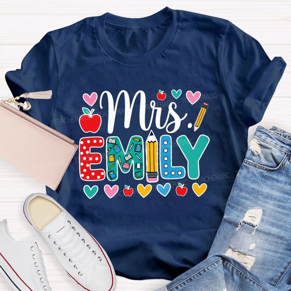 Personalized Name Miss Emily Apple Heart Printed Back To School Teacher T-Shirt
