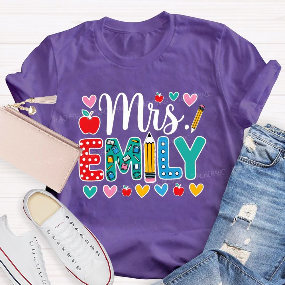 Personalized Name Miss Emily Apple Heart Printed Back To School Teacher T-Shirt