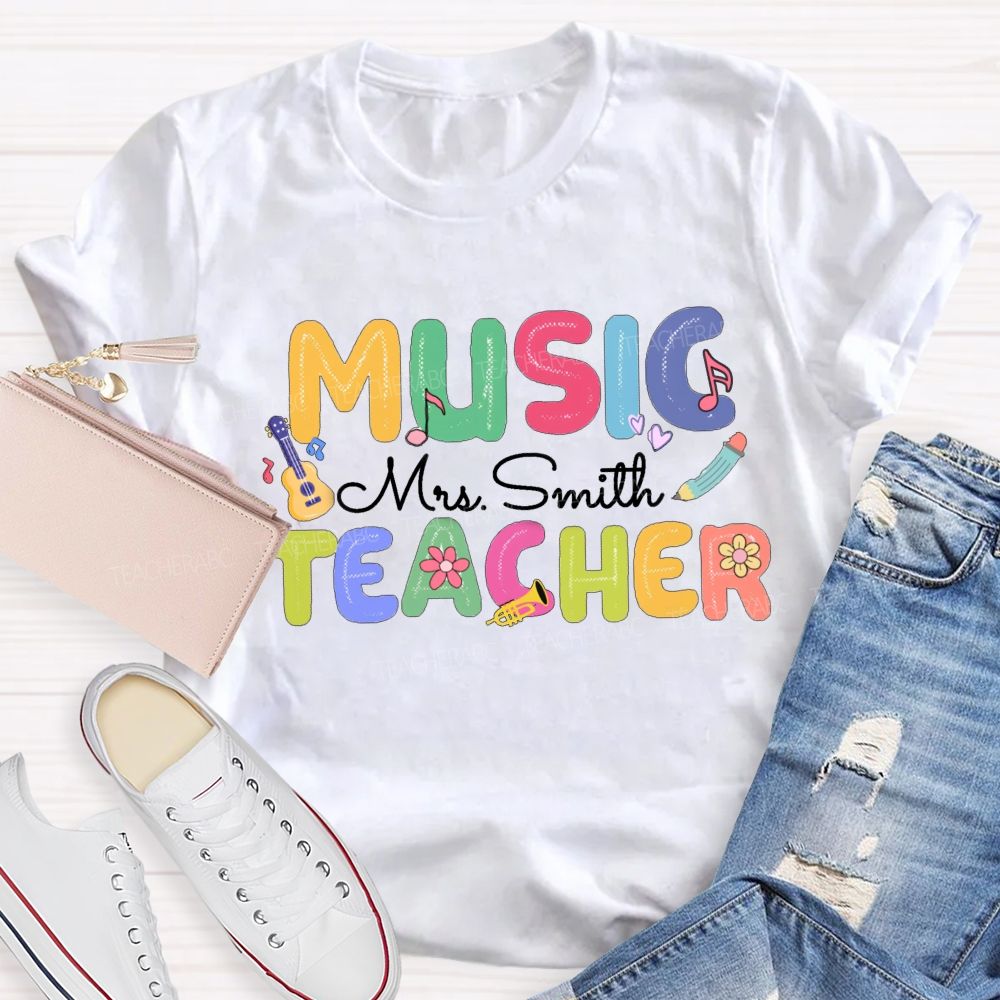Personalized Music Teacher Name  Guitar And Musical Notes T-shirt