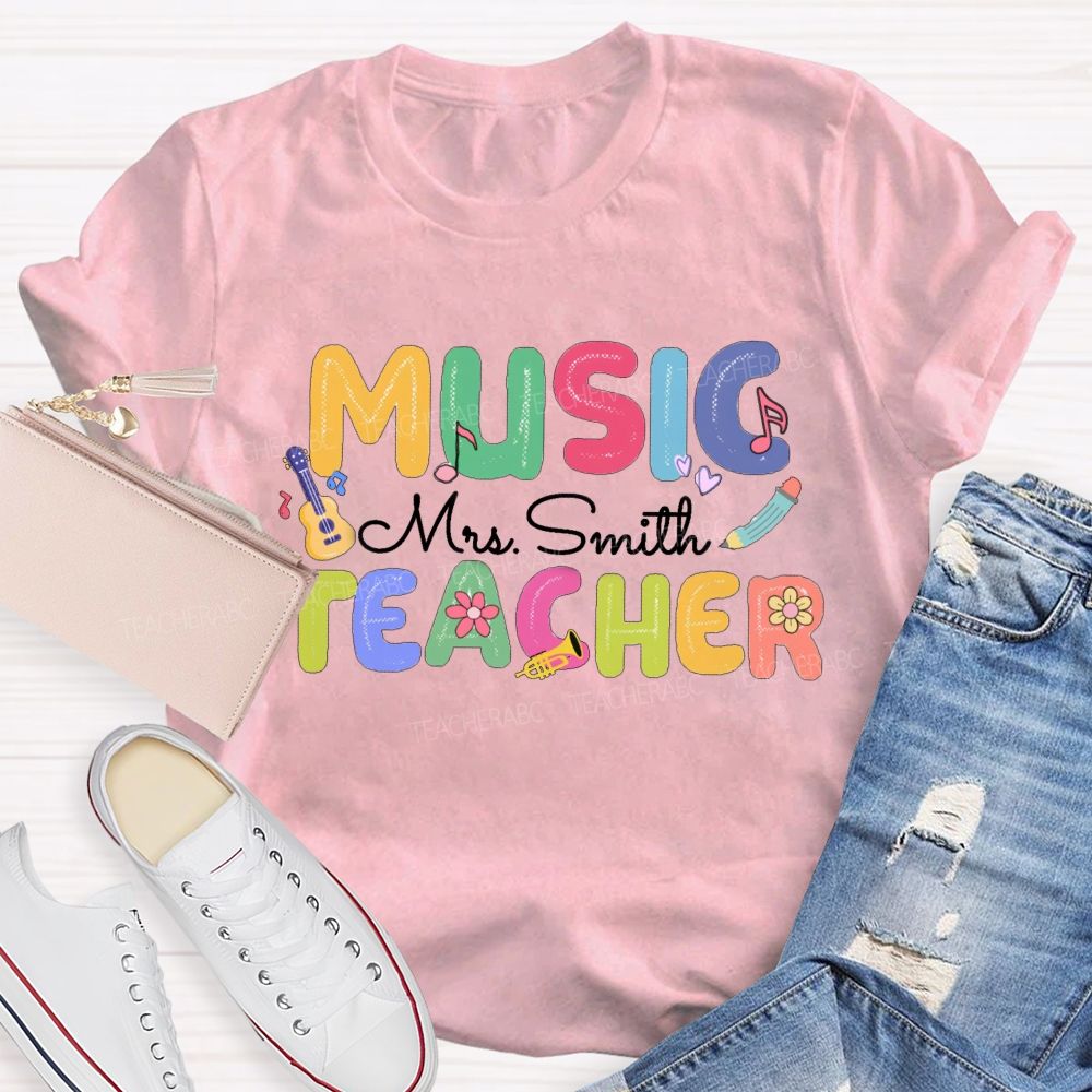 Personalized Music Teacher Name  Guitar And Musical Notes T-shirt