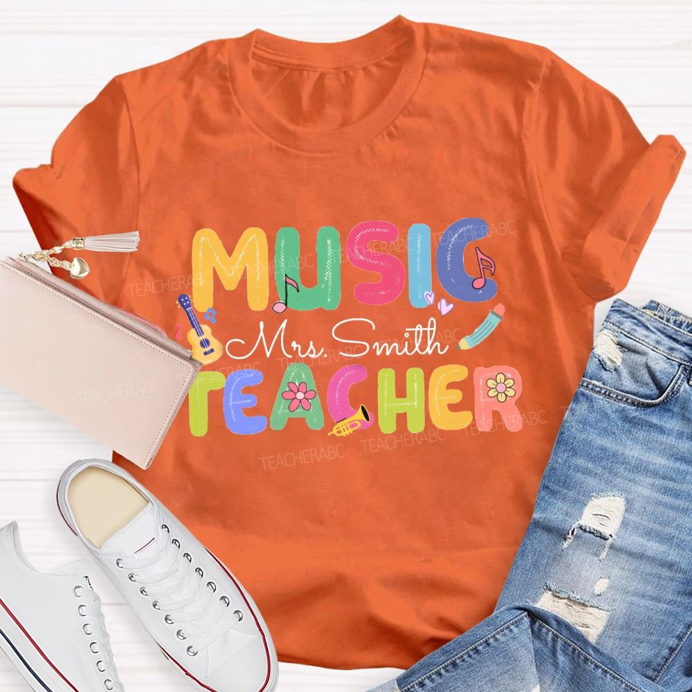 Personalized Music Teacher Name  Guitar And Musical Notes T-shirt