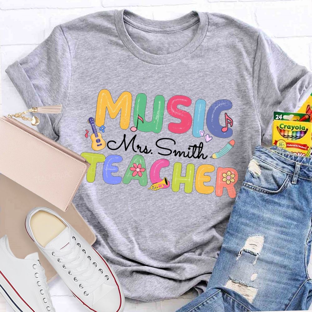 Personalized Music Teacher Name  Guitar And Musical Notes T-shirt