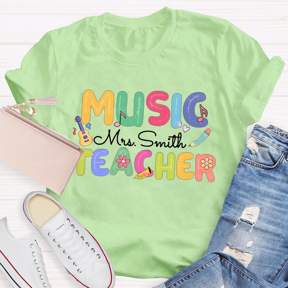 Personalized Music Teacher Name  Guitar And Musical Notes T-shirt