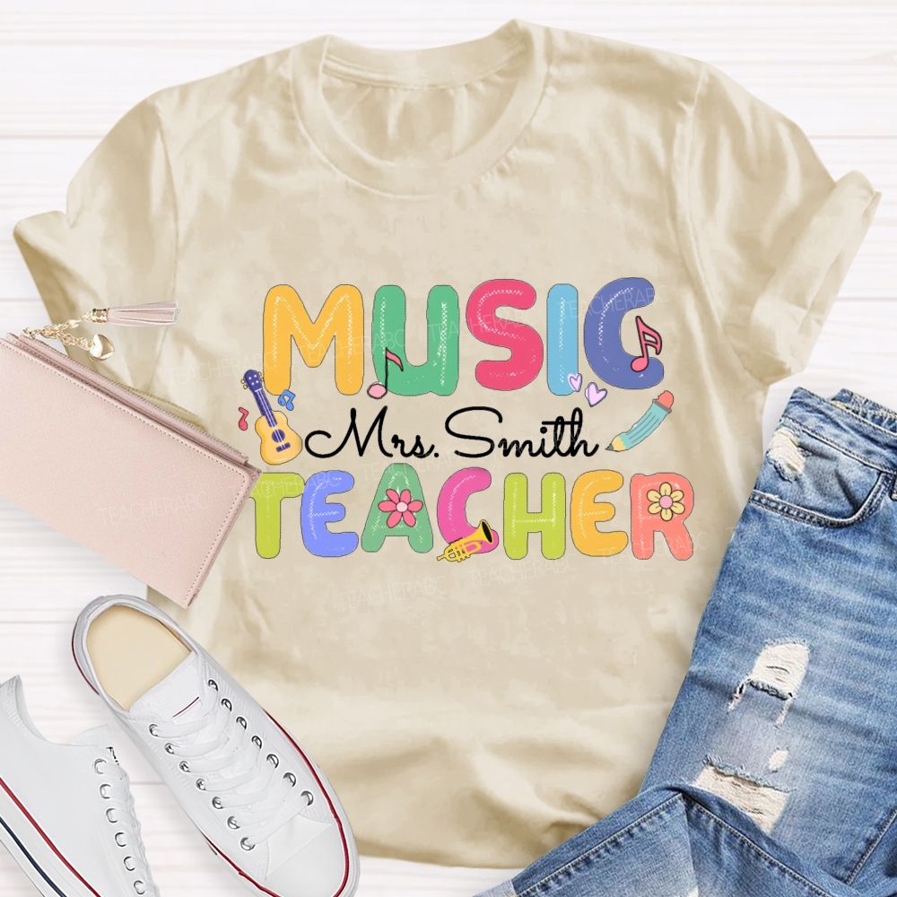 Personalized Music Teacher Name  Guitar And Musical Notes T-shirt