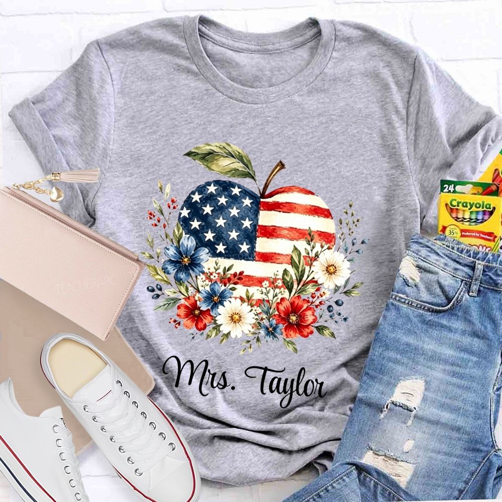 Personalized Name Red White And Teach Proud Apple Teacher T-shirt