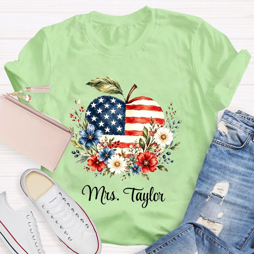 Personalized Name Red White And Teach Proud Apple Teacher T-shirt