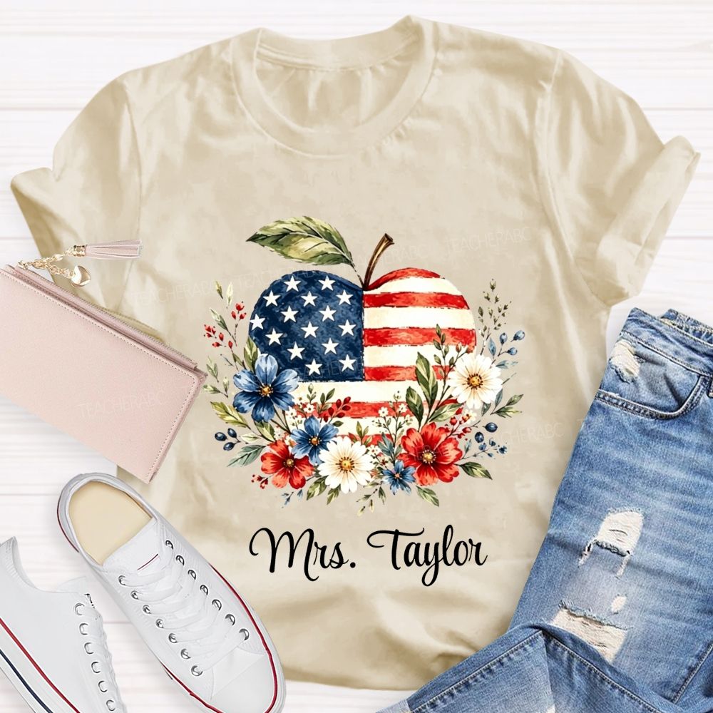Personalized Name Red White And Teach Proud Apple Teacher T-shirt