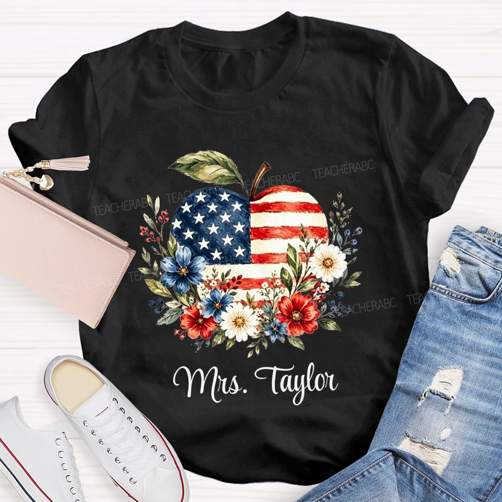 Personalized Name Red White And Teach Proud Apple Teacher T-shirt