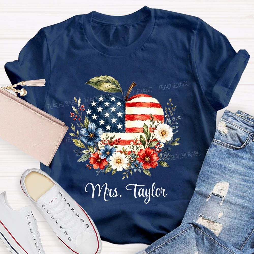 Personalized Name Red White And Teach Proud Apple Teacher T-shirt