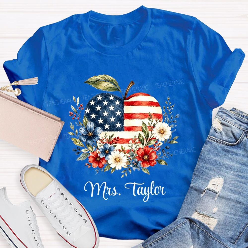 Personalized Name Red White And Teach Proud Apple Teacher T-shirt