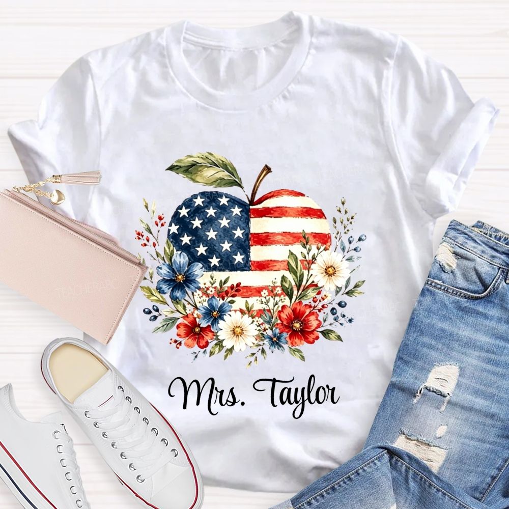 Personalized Name Red White And Teach Proud Apple Teacher T-shirt