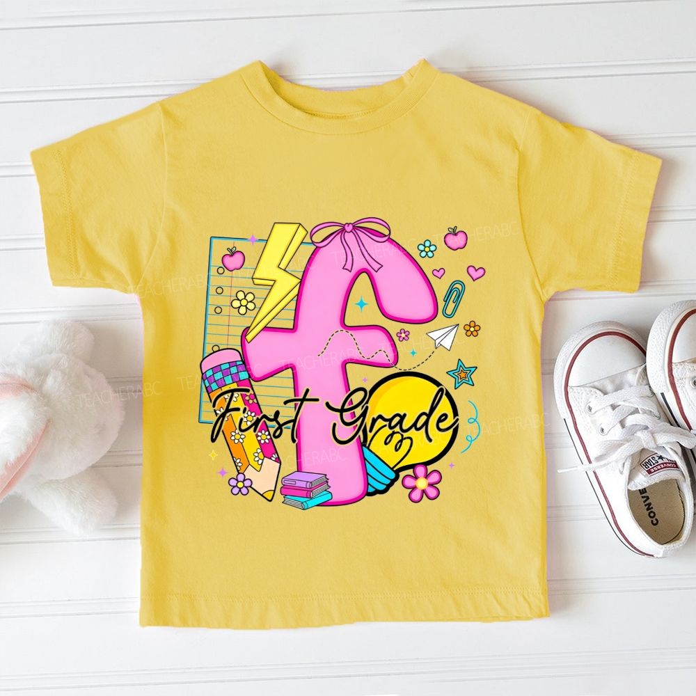 Personalized Grade First Grade Here I Glow Toddler T-shirts