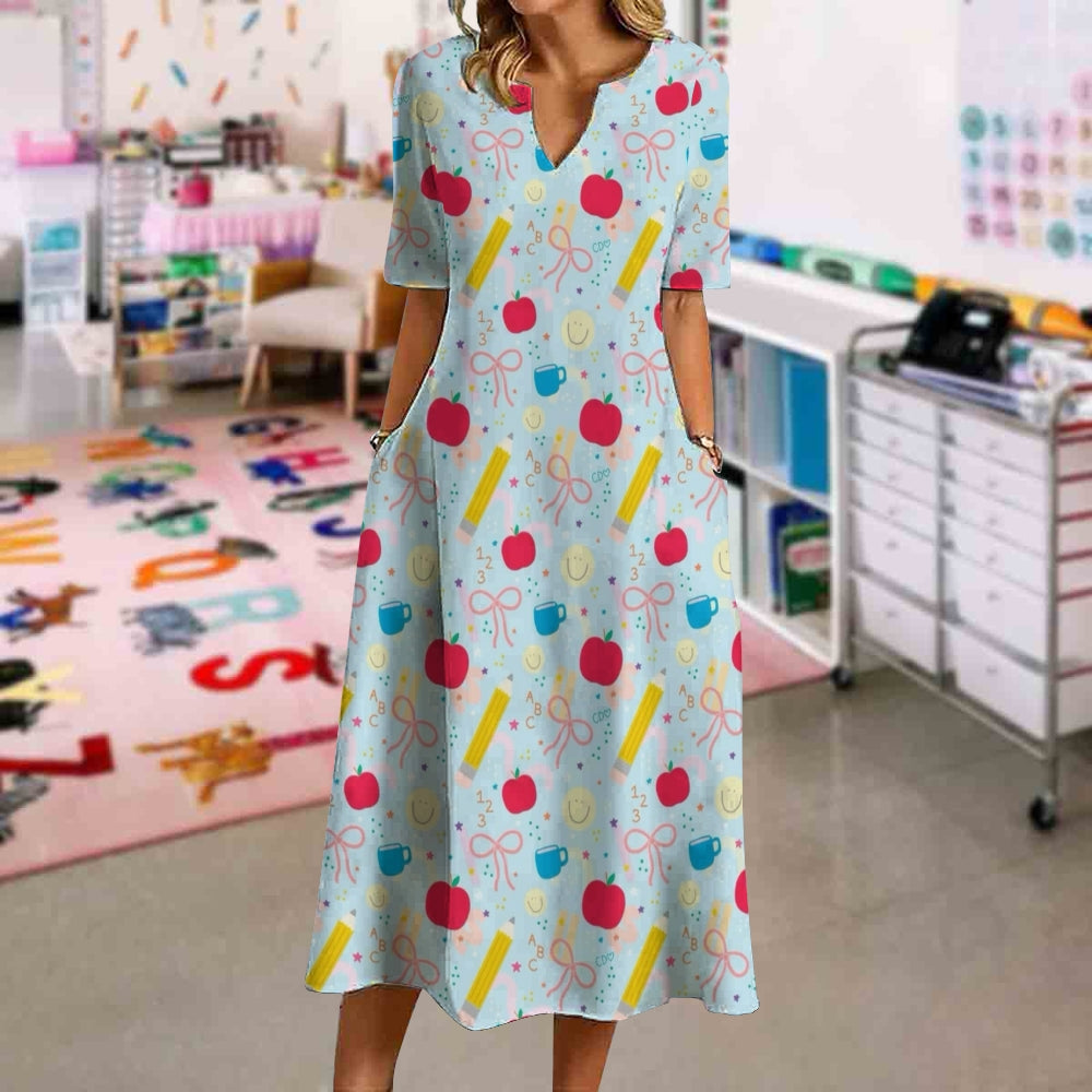 Apple Pencil Printed Back To School Dress