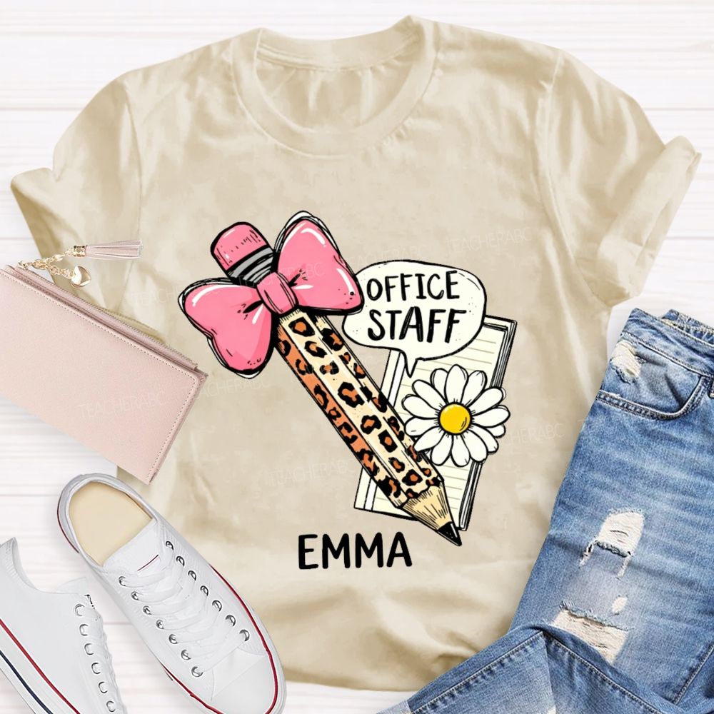 Personalized Name Office Staff Pencil Bow   Teacher T-shirt