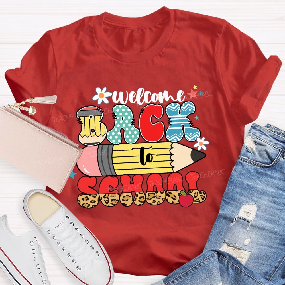 Welcome Back To School Pencil Apple Leopard Printed Teacher T-Shirt