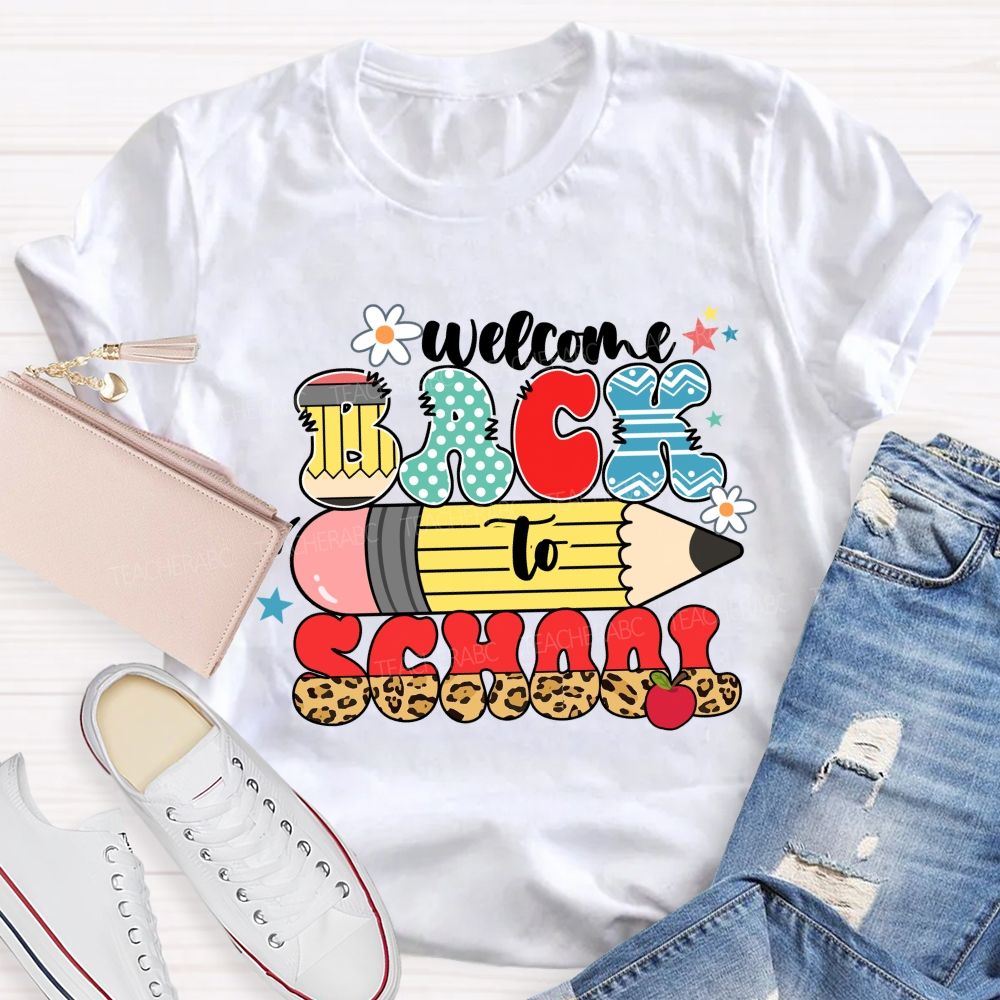 Welcome Back To School Pencil Apple Leopard Printed Teacher T-Shirt