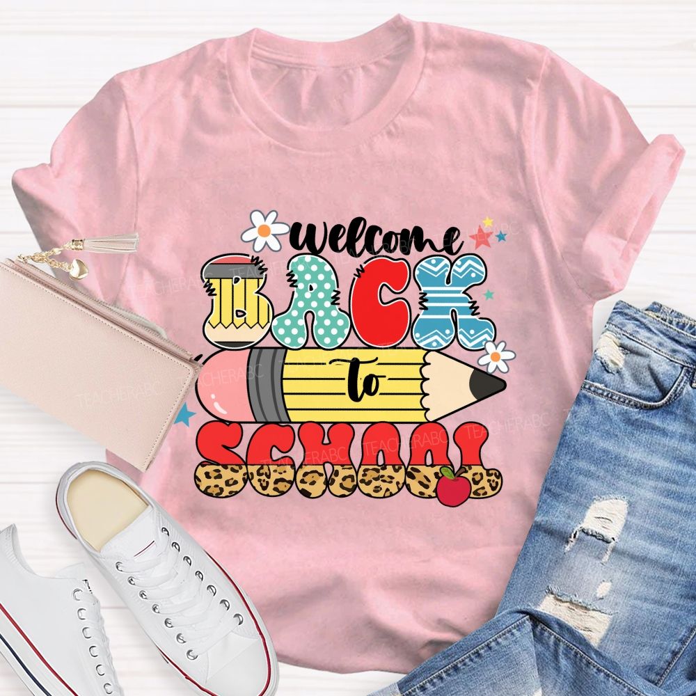 Welcome Back To School Pencil Apple Leopard Printed Teacher T-Shirt