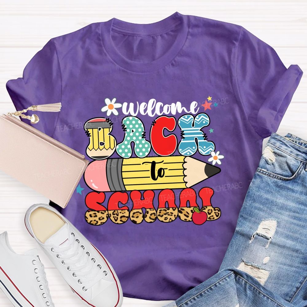 Welcome Back To School Pencil Apple Leopard Printed Teacher T-Shirt