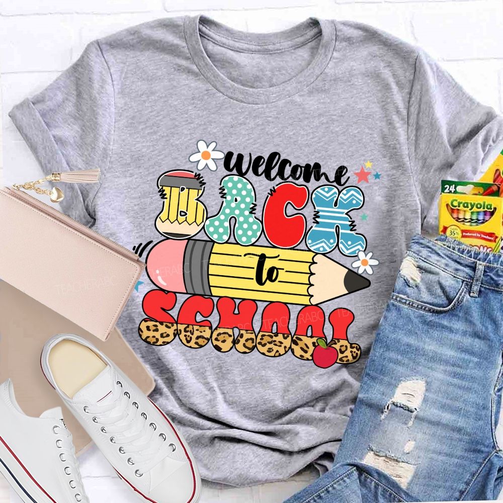 Welcome Back To School Pencil Apple Leopard Printed Teacher T-Shirt