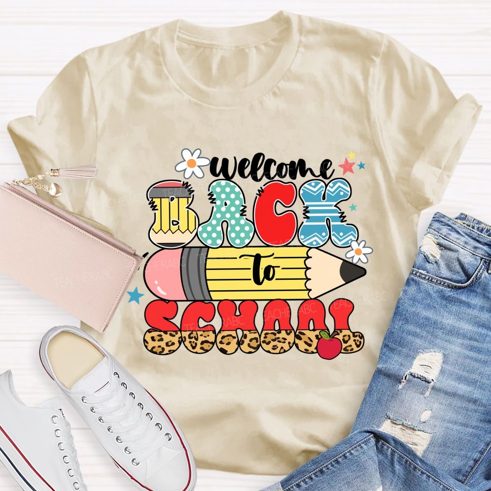Welcome Back To School Pencil Apple Leopard Printed Teacher T-Shirt