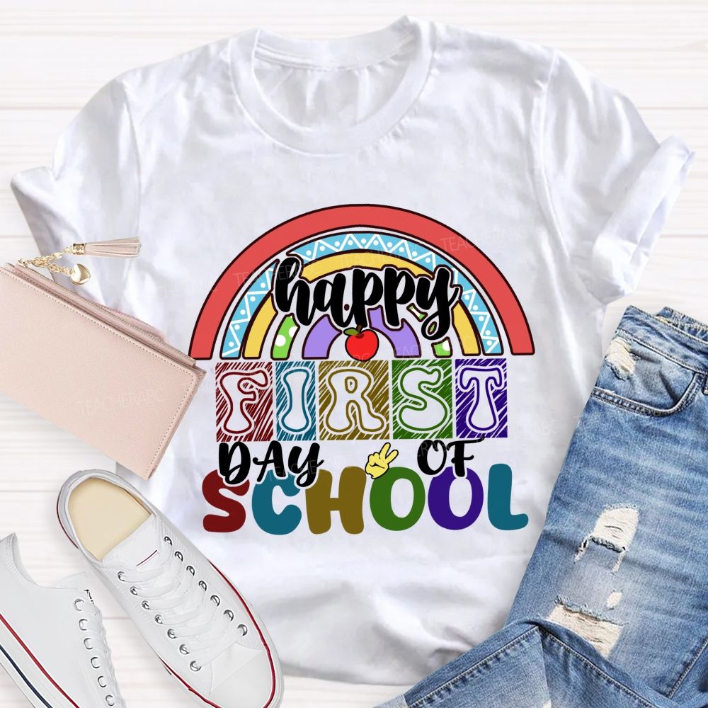 Happy First Day Of School Rainbow Apple Teacher T-Shirt