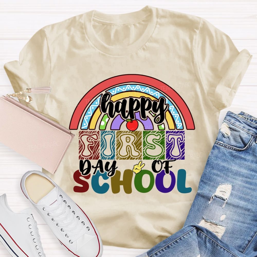 Happy First Day Of School Rainbow Apple Teacher T-Shirt