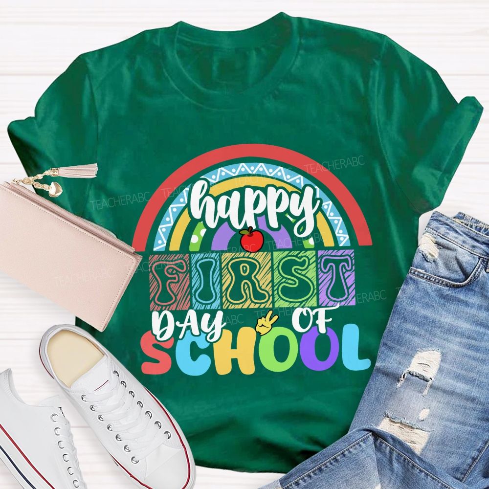 Happy First Day Of School Rainbow Apple Teacher T-Shirt