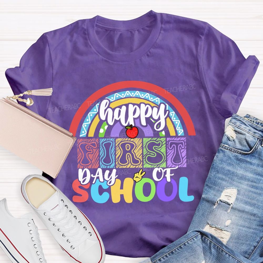Happy First Day Of School Rainbow Apple Teacher T-Shirt