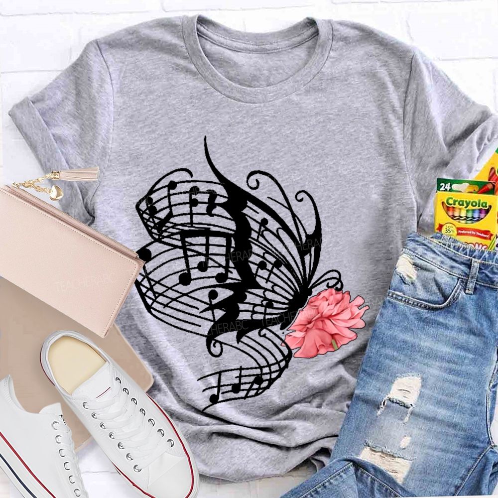 Musical Notes Flowers Butterflies Graphics  Teacher T-shirt