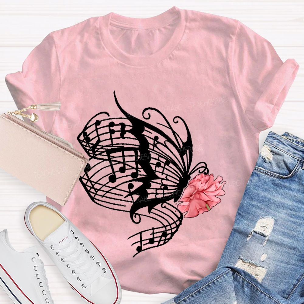 Musical Notes Flowers Butterflies Graphics  Teacher T-shirt