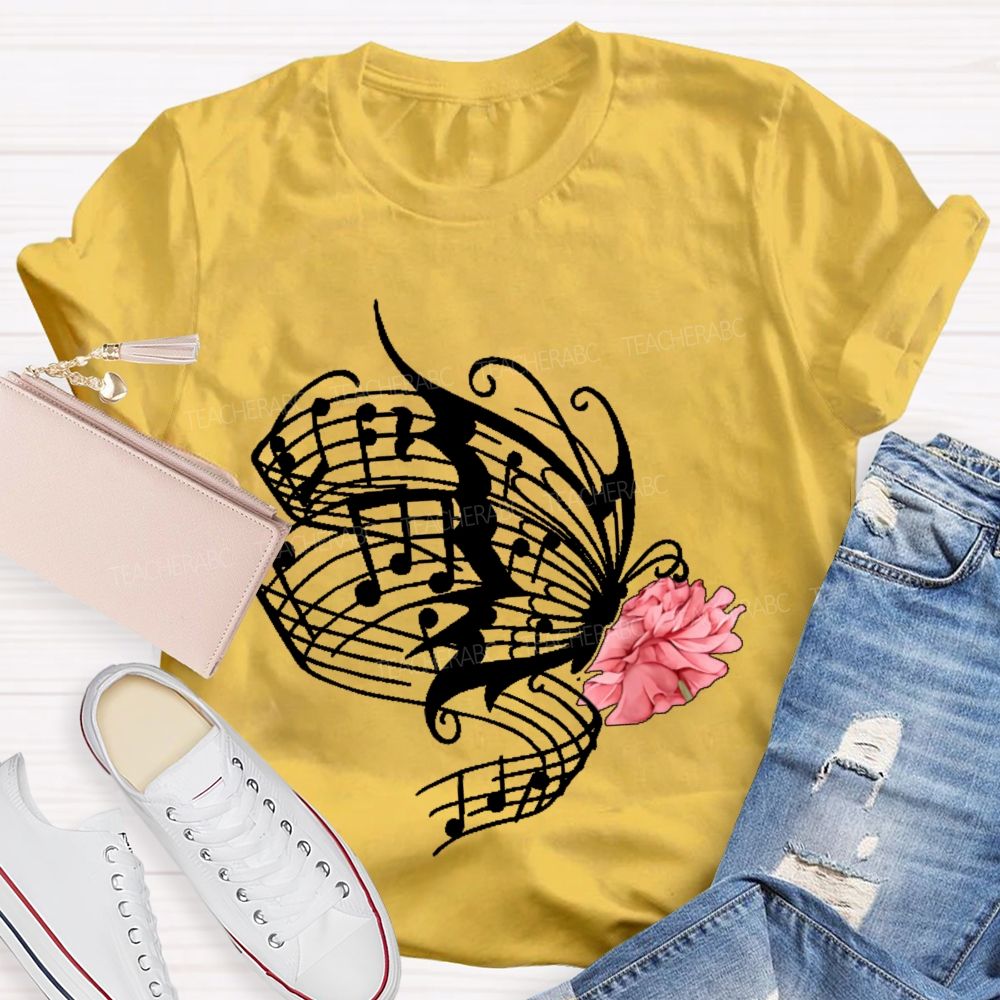 Musical Notes Flowers Butterflies Graphics  Teacher T-shirt