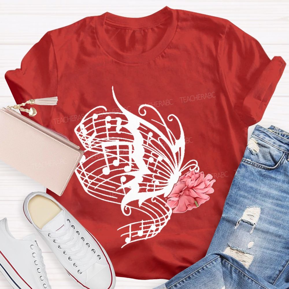 Musical Notes Flowers Butterflies Graphics  Teacher T-shirt