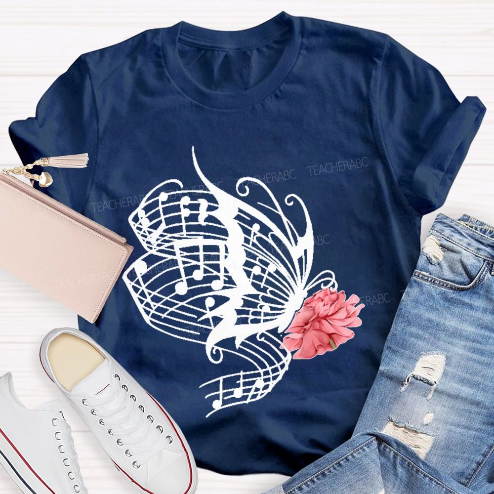 Musical Notes Flowers Butterflies Graphics  Teacher T-shirt