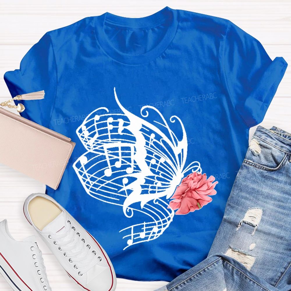 Musical Notes Flowers Butterflies Graphics  Teacher T-shirt