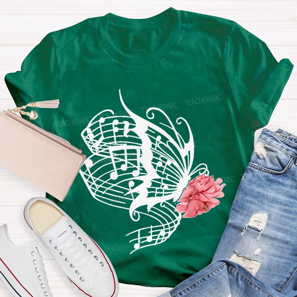 Musical Notes Flowers Butterflies Graphics  Teacher T-shirt