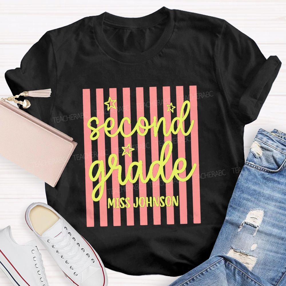 Personalized Grade And Name Little Colorful Strip Teacher T-Shirt