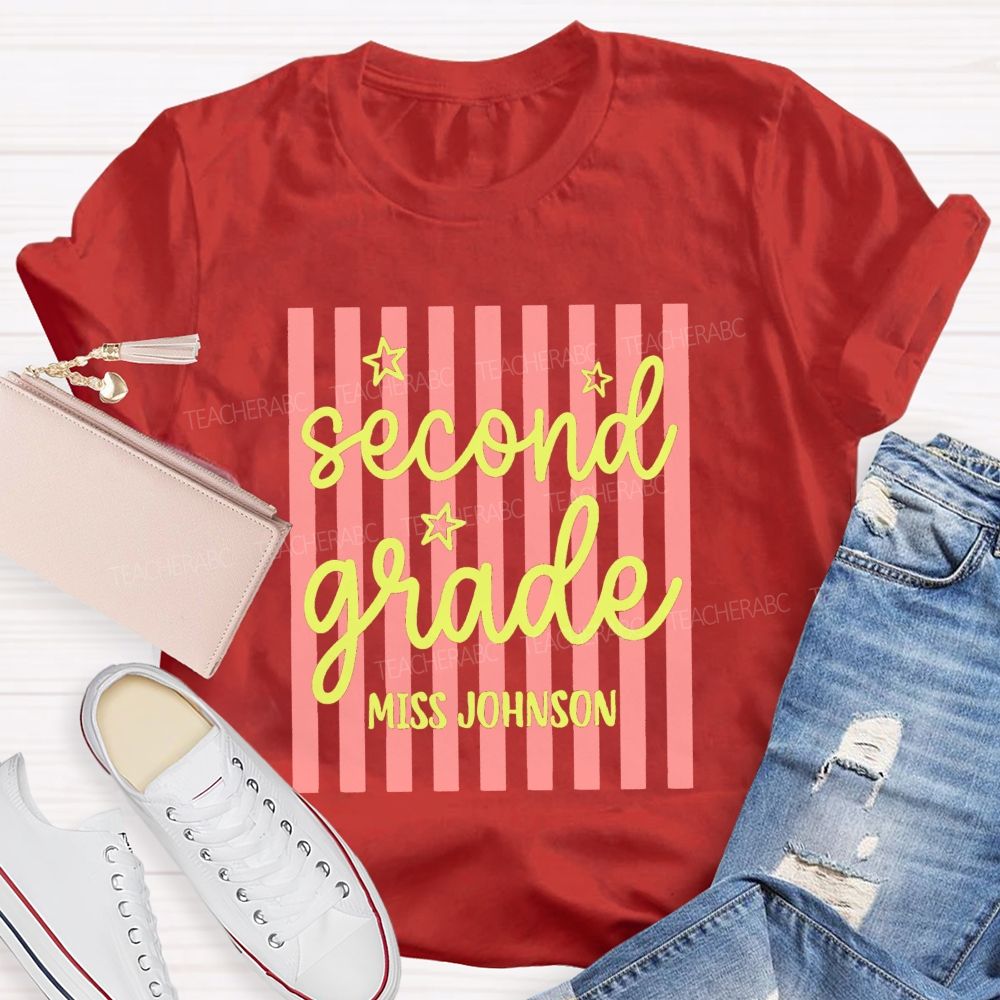 Personalized Grade And Name Little Colorful Strip Teacher T-Shirt
