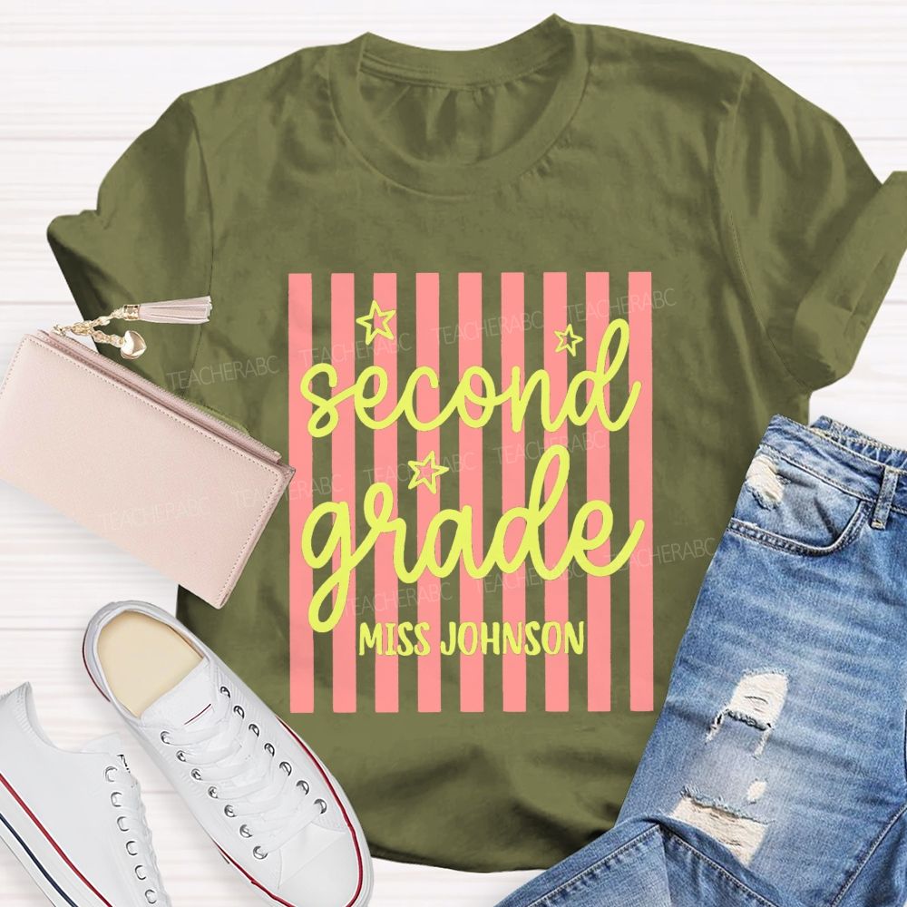 Personalized Grade And Name Little Colorful Strip Teacher T-Shirt